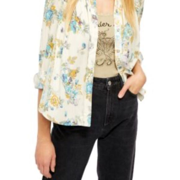 Free People Hold On To Me Cream Blue Floral Long Sleeve Button Down Blouse xs - Picture 10 of 11